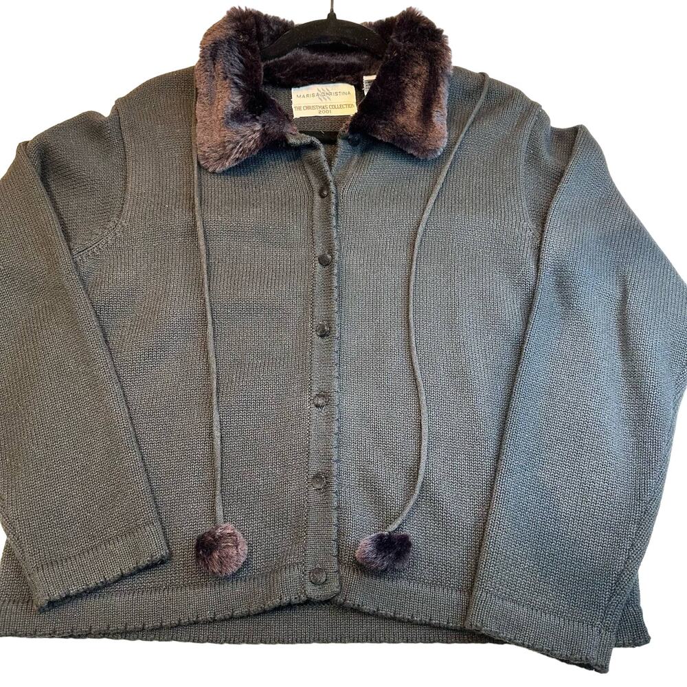 Vintage Marisa Christina Christmas Collection 2001 Button Cardigan w Pom Poms